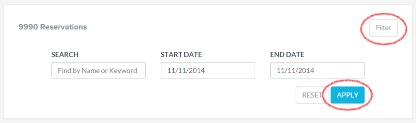 start and end date selected, Filter and Apply buttons